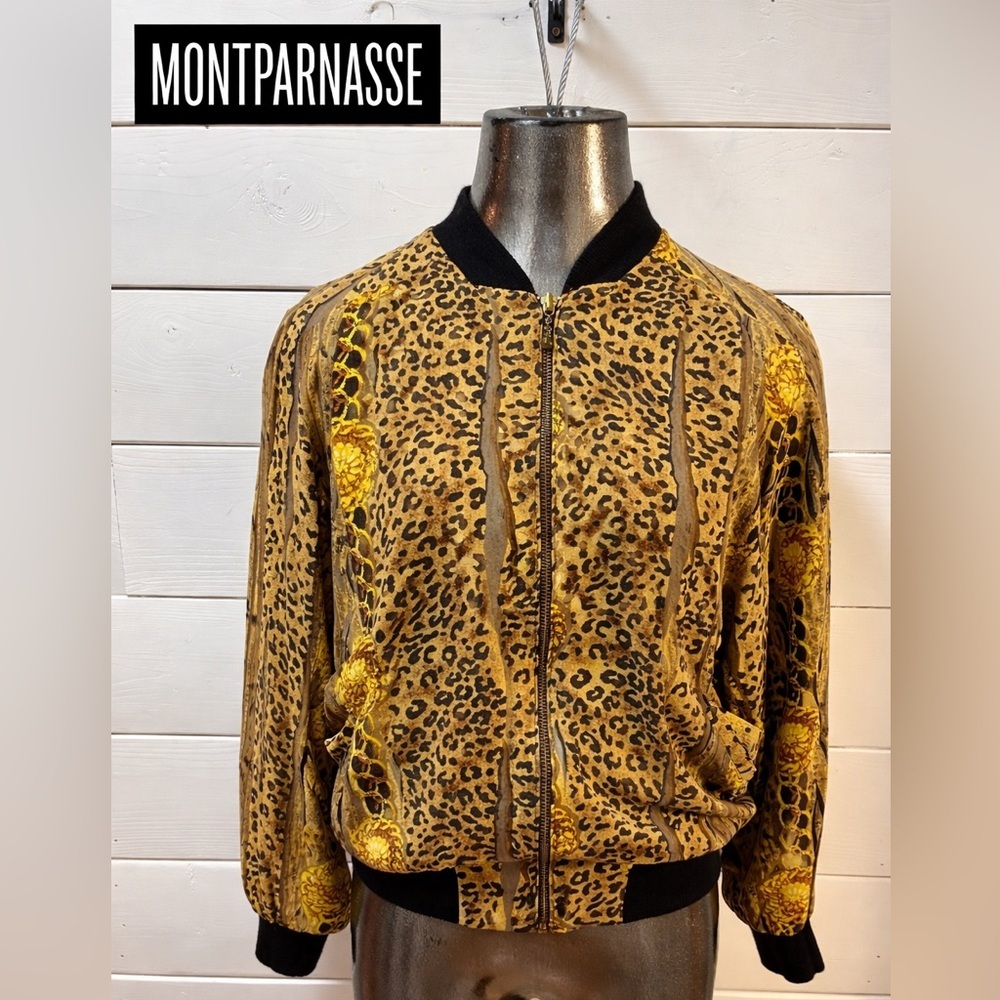 MONTPARNASSE Yellow Black Leopard Print Vintage Bomber Jacket Size S